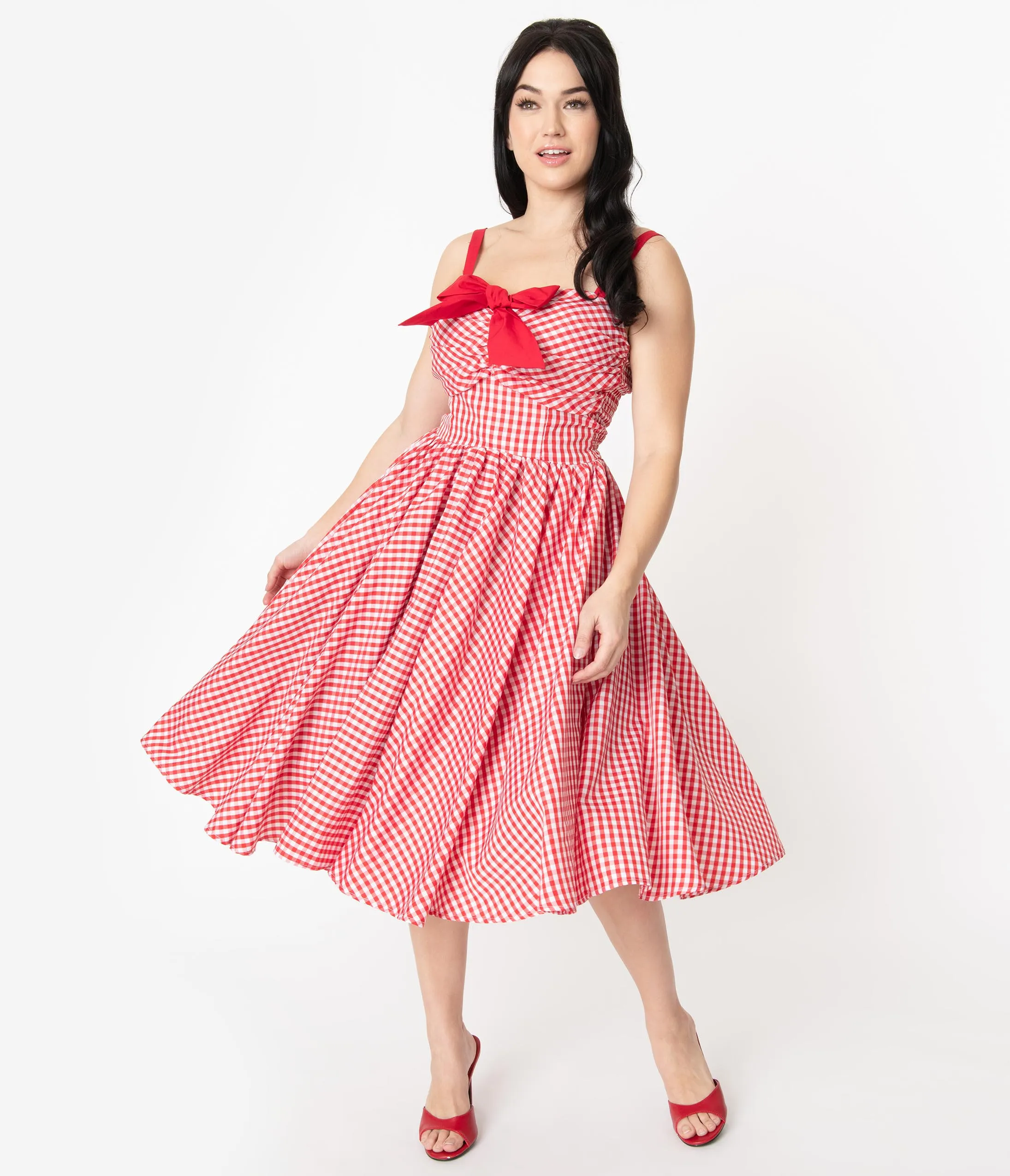 Unique Vintage 1950s Red Gingham Golightly Swing Dress