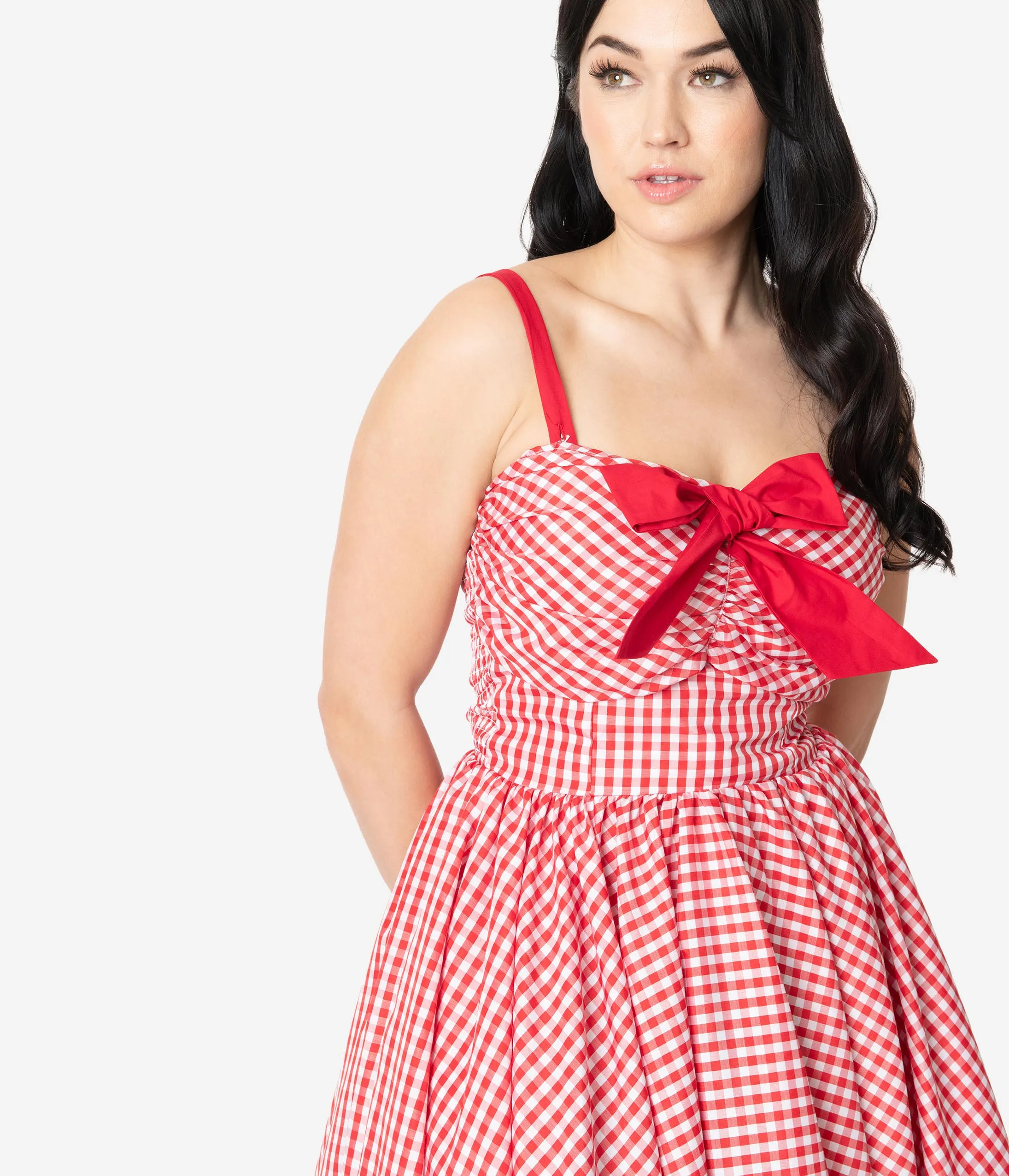 Unique Vintage 1950s Red Gingham Golightly Swing Dress