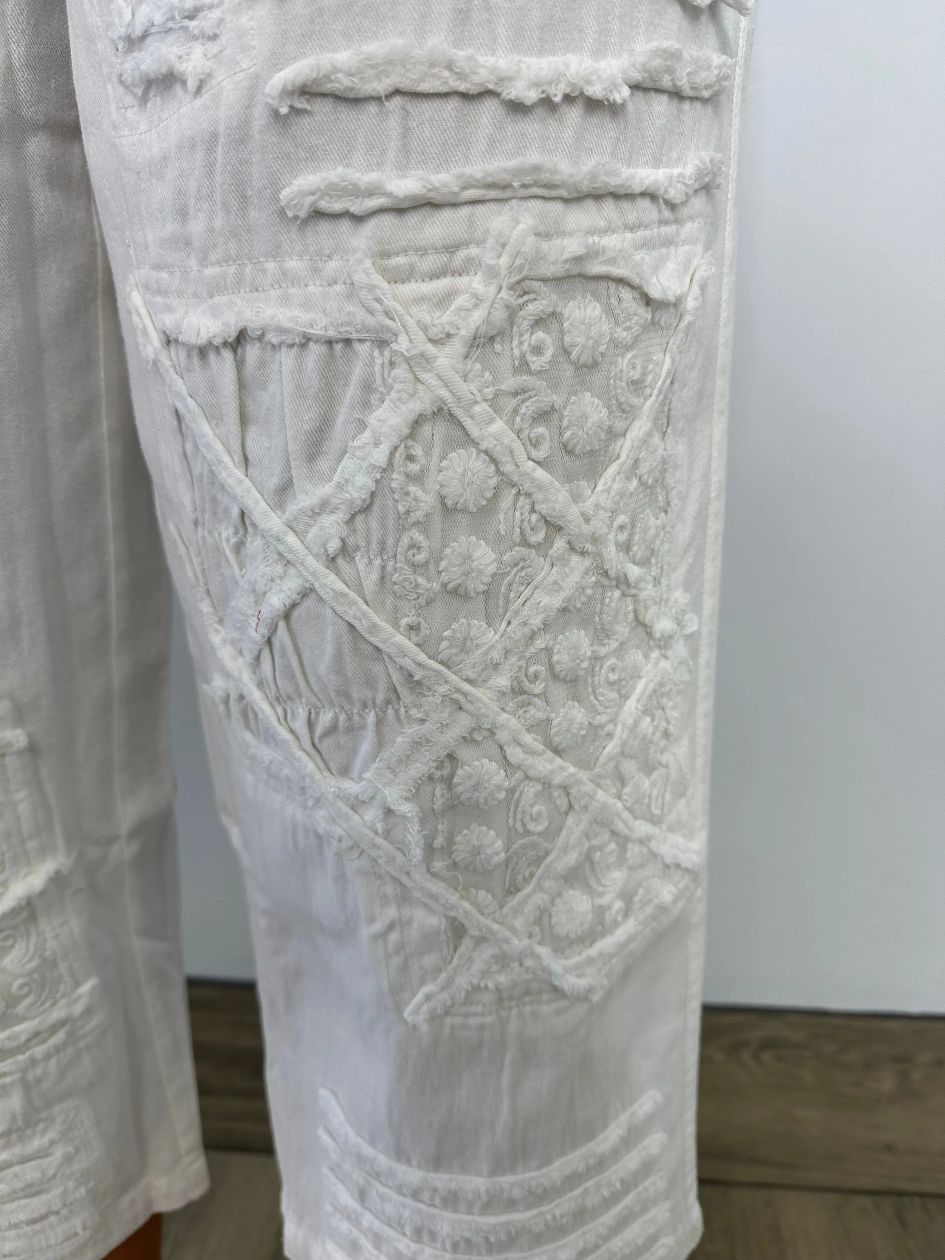 White Distressed Jeans with Lace Accent