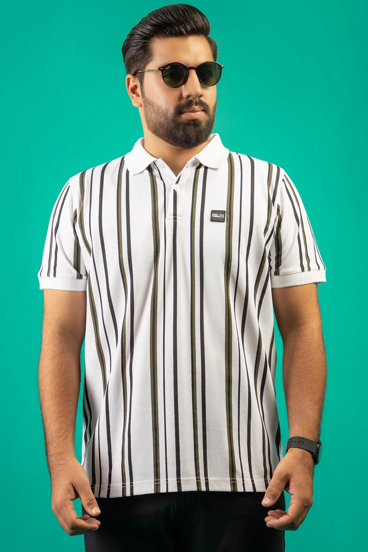 White Vertical Striped Polo Shirt (Plus Size) - W23 - MP0241P