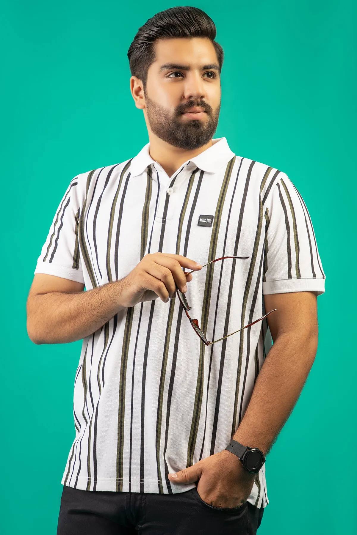 White Vertical Striped Polo Shirt (Plus Size) - W23 - MP0241P