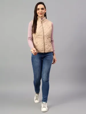 Women's Beige Solid Sleeveless Winter Jacket