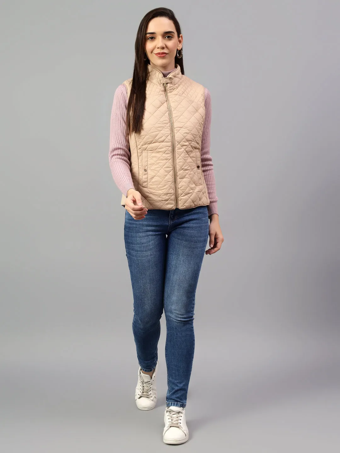 Women's Beige Solid Sleeveless Winter Jacket