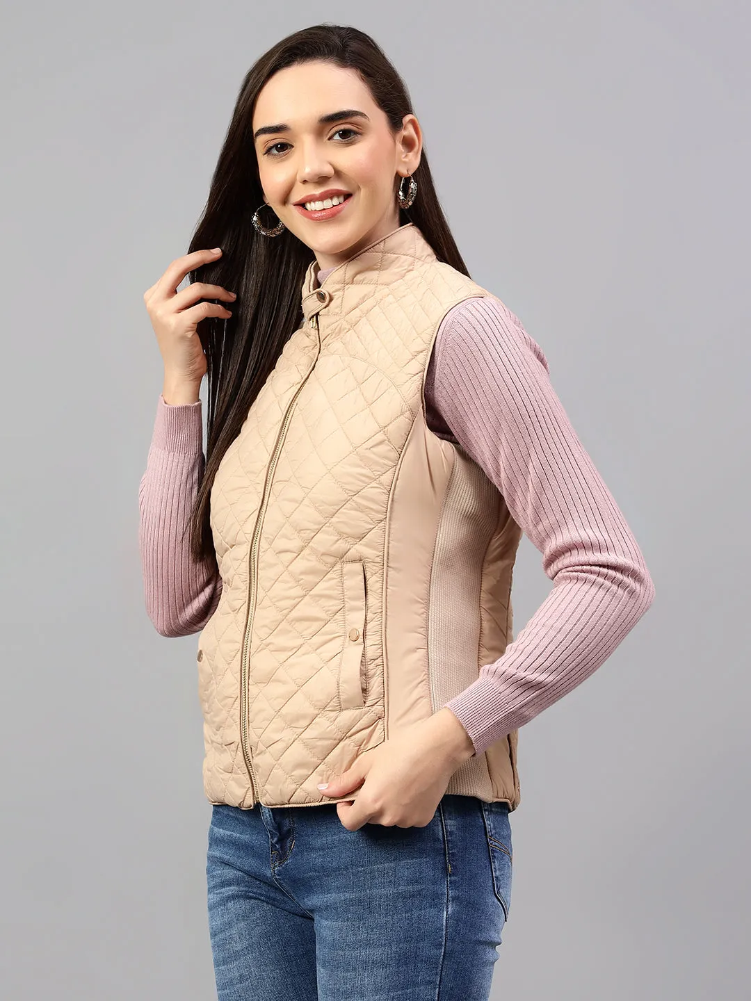 Women's Beige Solid Sleeveless Winter Jacket