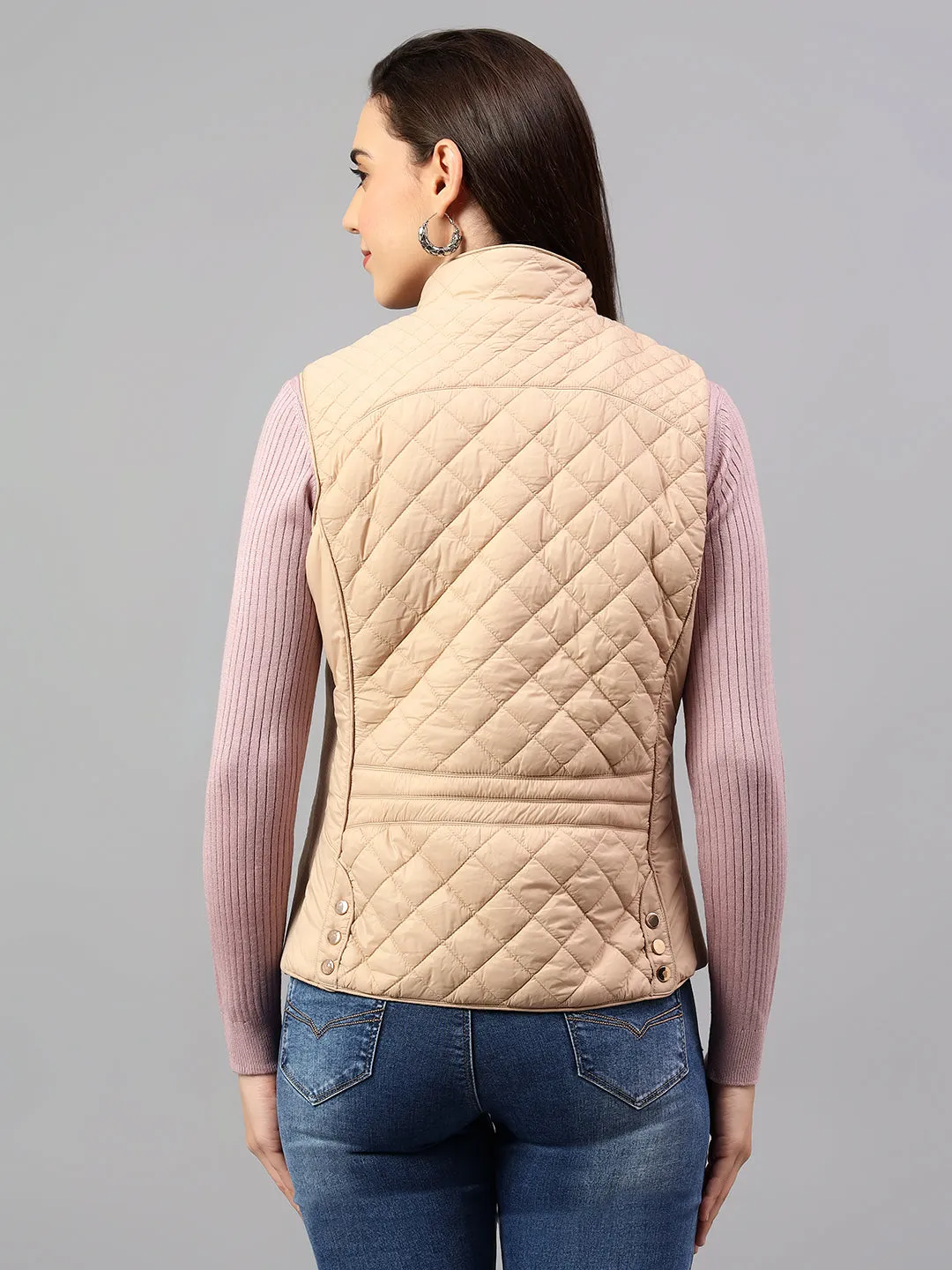 Women's Beige Solid Sleeveless Winter Jacket