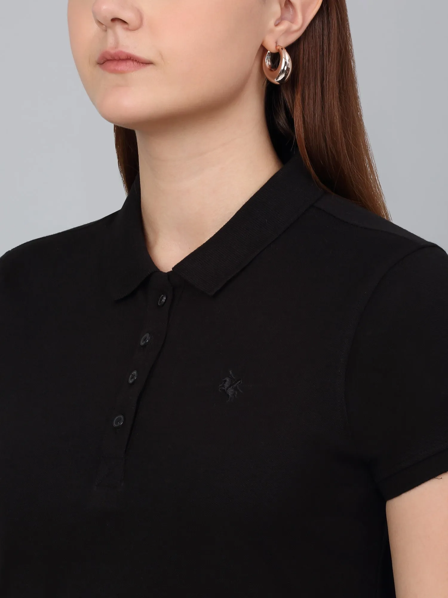 Women's Black Solid Polo Neck Casual T-Shirt