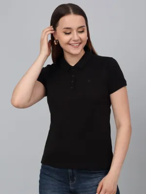 Women's Black Solid Polo Neck Casual T-Shirt