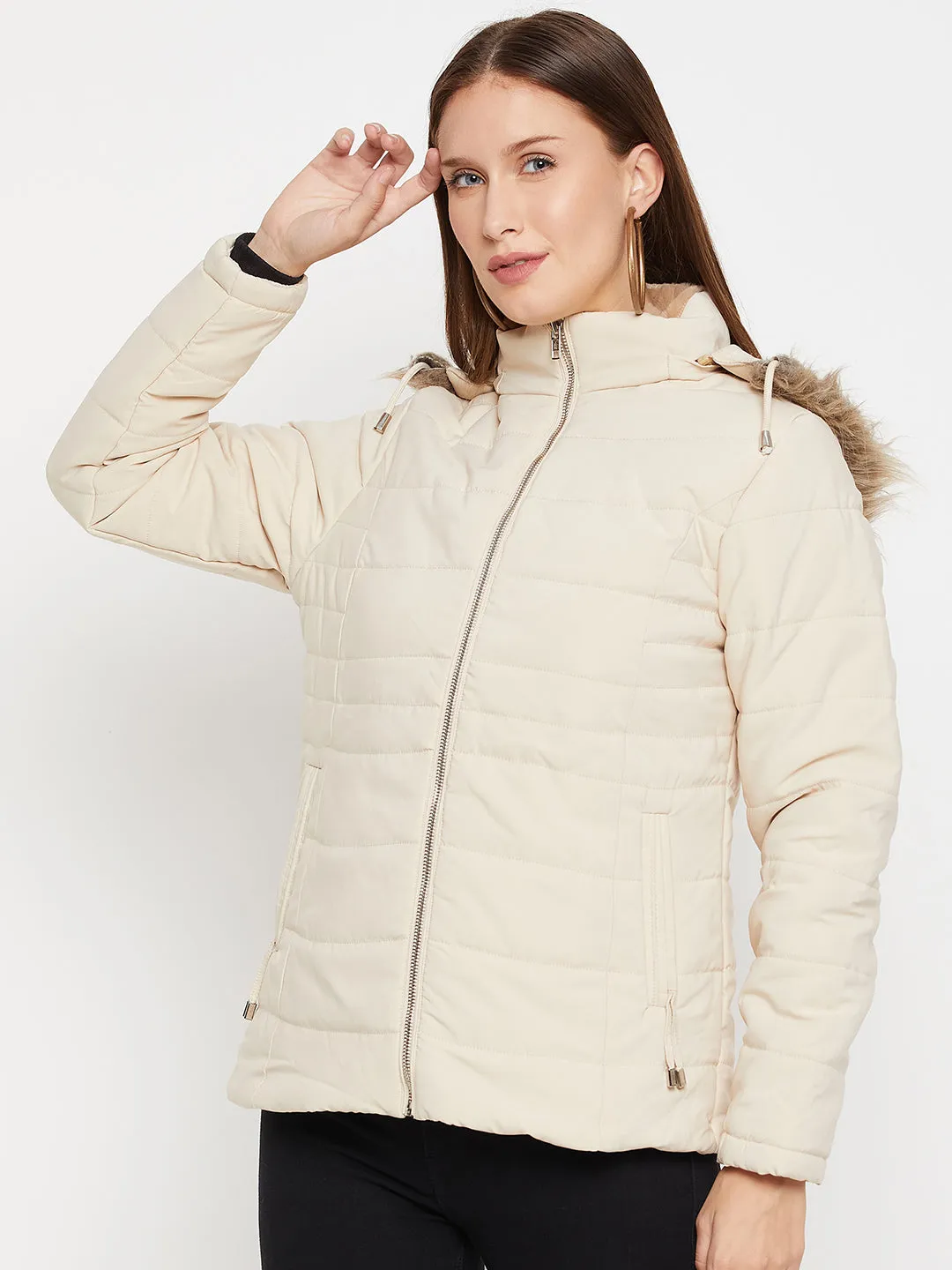 Women's Casual  Beige Quilted Detachable Hood with Faux Fur trim Puffer Jacket