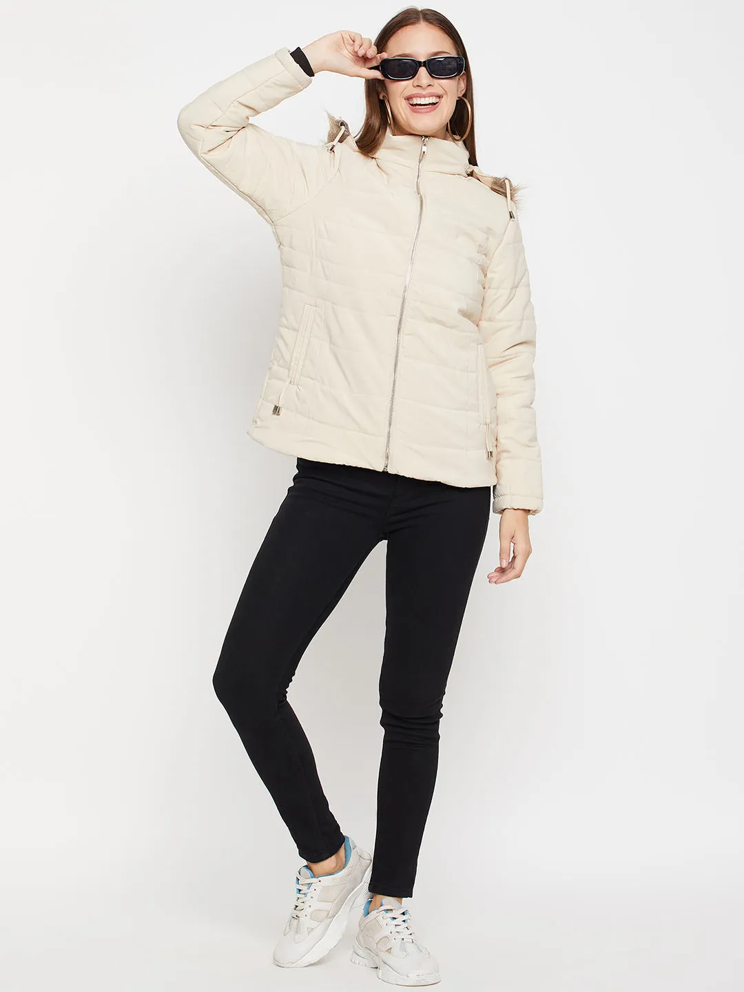 Women's Casual  Beige Quilted Detachable Hood with Faux Fur trim Puffer Jacket