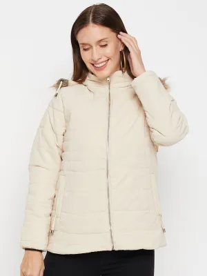 Women's Casual  Beige Quilted Detachable Hood with Faux Fur trim Puffer Jacket