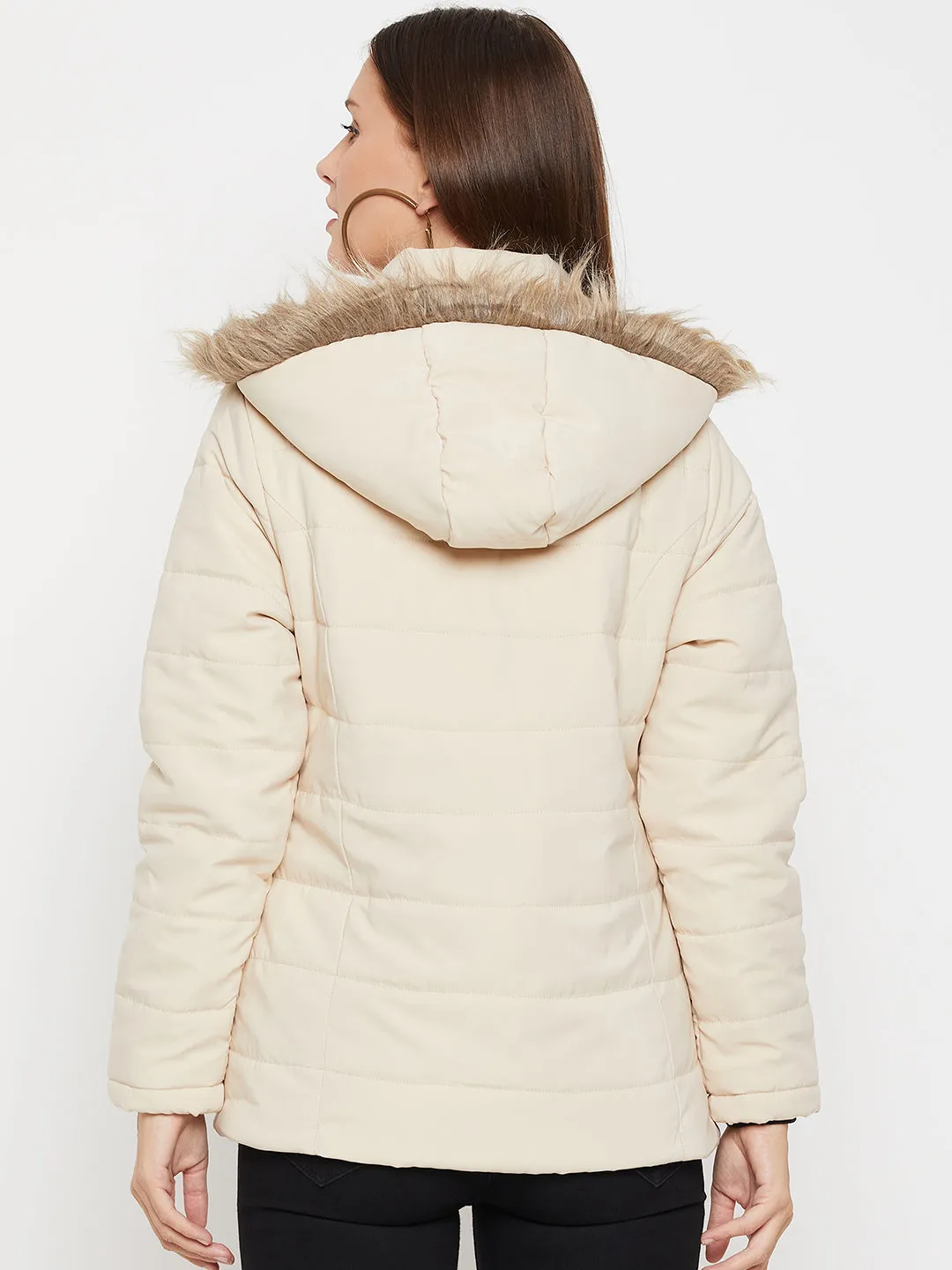 Women's Casual  Beige Quilted Detachable Hood with Faux Fur trim Puffer Jacket