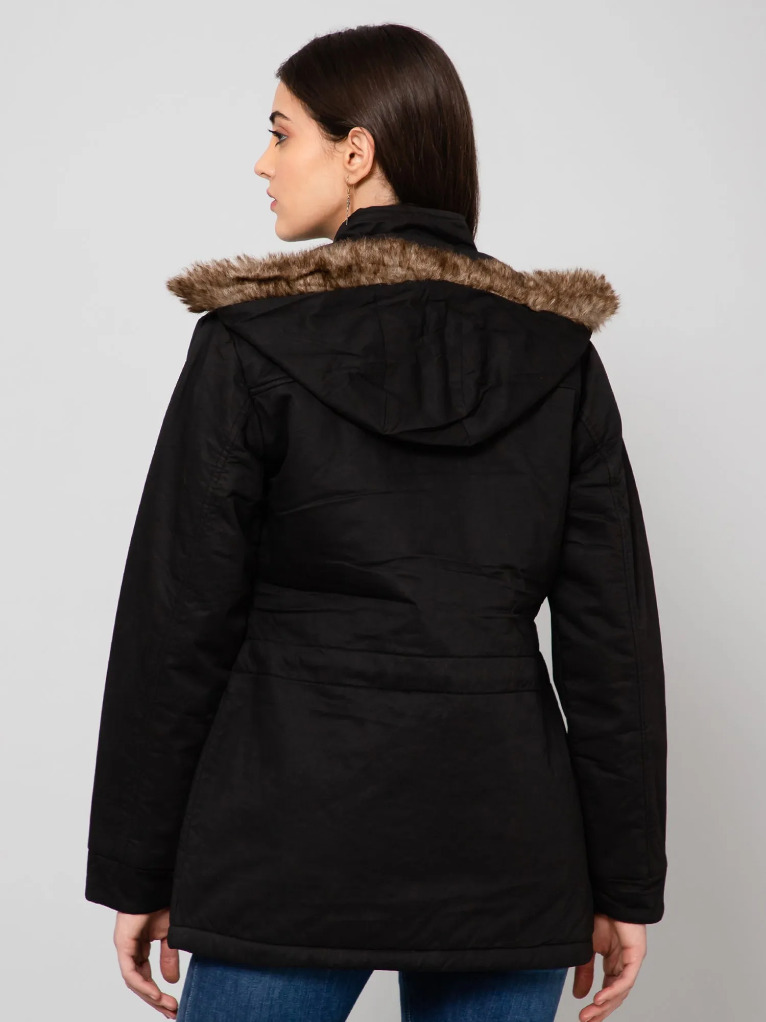 Women's Casual  Black Non quilted Detachable Hood with Faux Fur trim Jacket