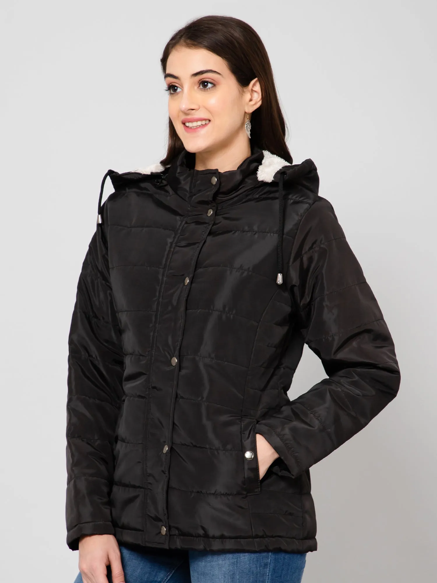 Women's Casual  Black Quilted Detachable Hood lined with Soft Faux Fur Jacket