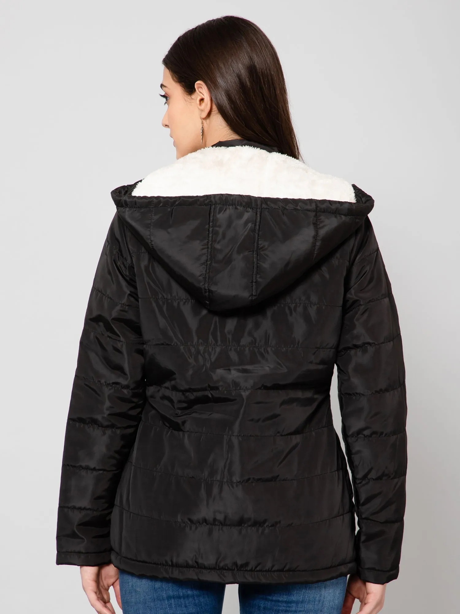 Women's Casual  Black Quilted Detachable Hood lined with Soft Faux Fur Jacket