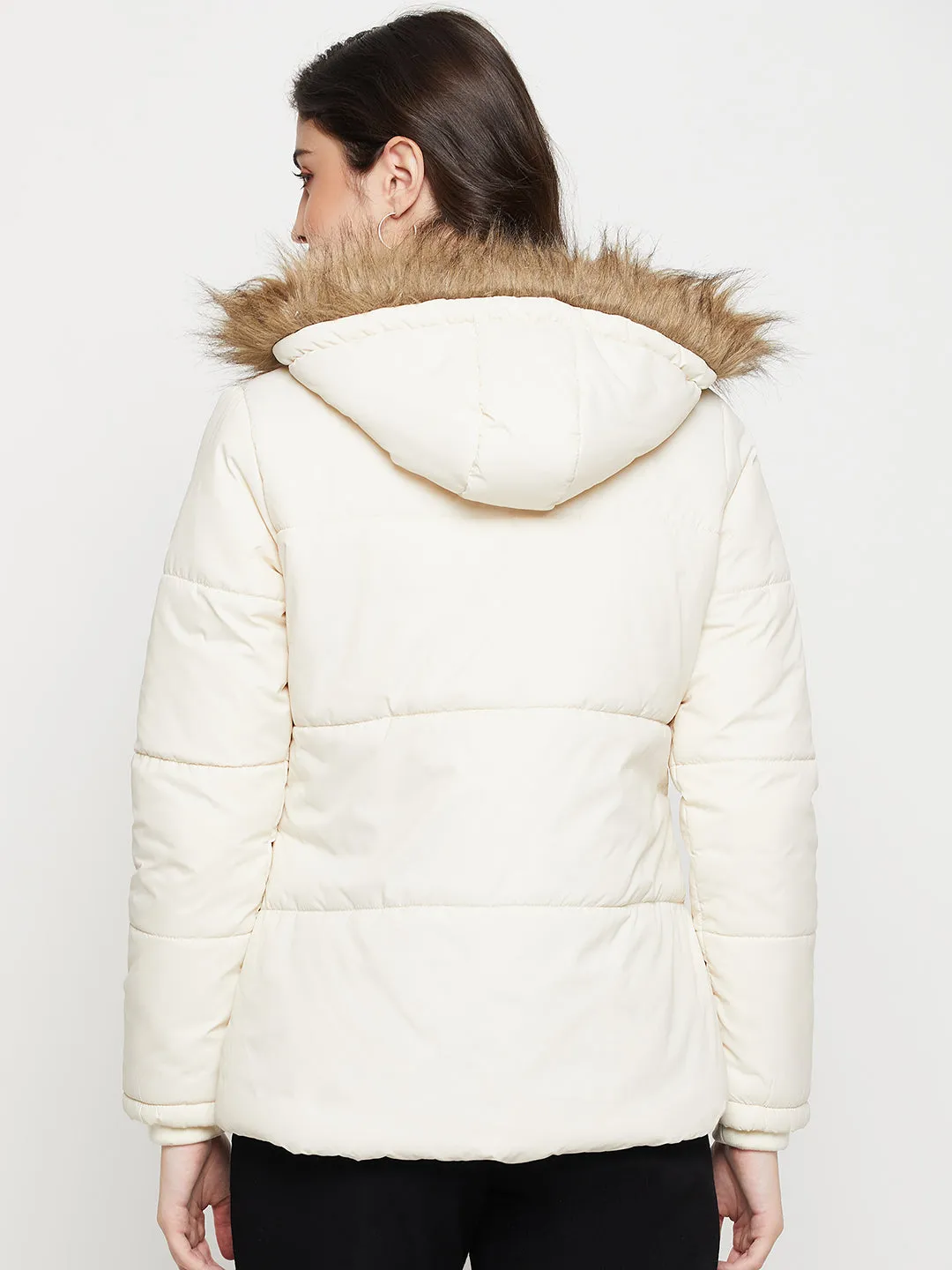 Women's Casual  Ivory Quilted Hood with Faux Fur trim Jacket