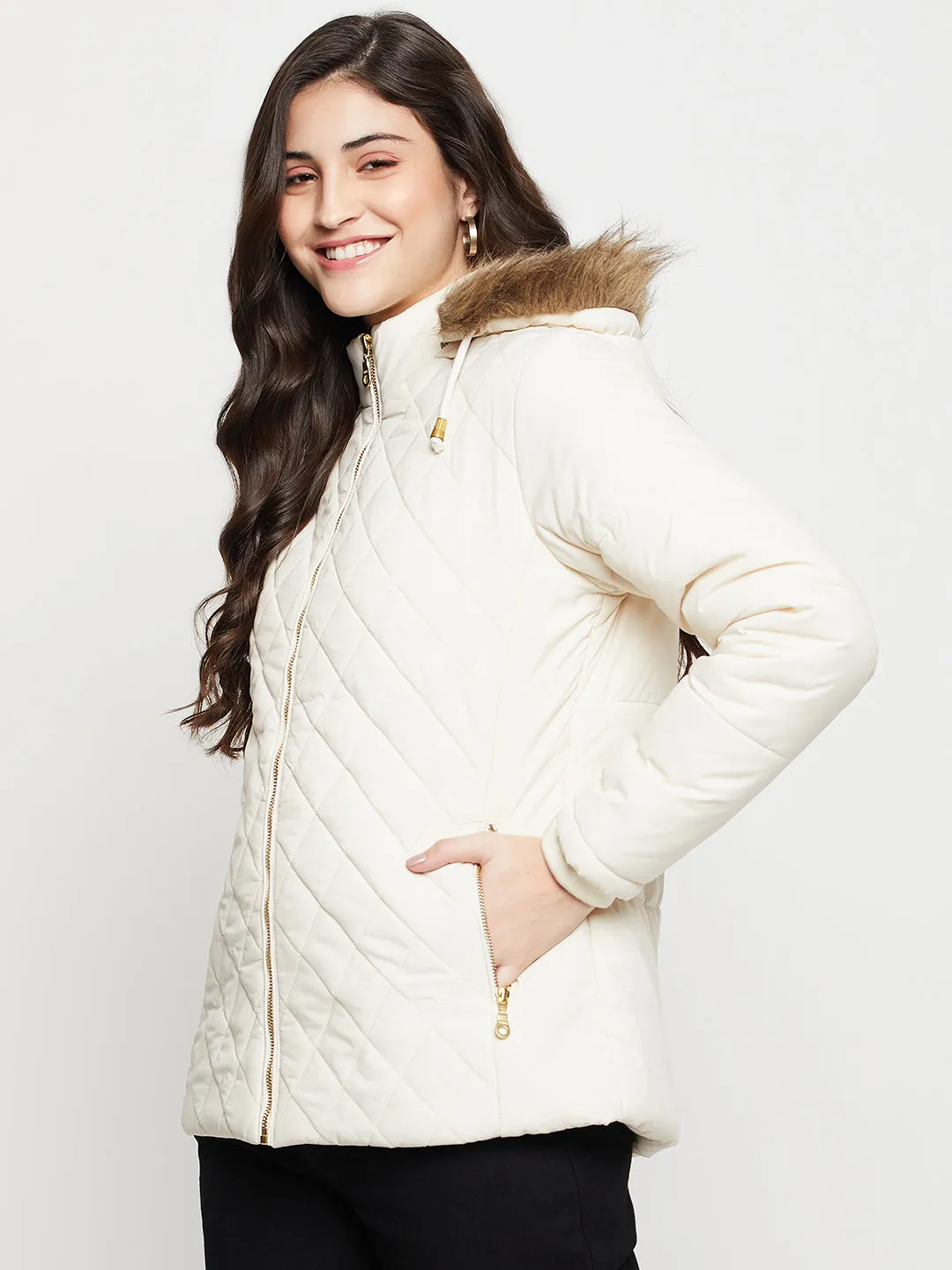 Women's Casual  Ivory Quilted Hood with Faux Fur trim Jacket