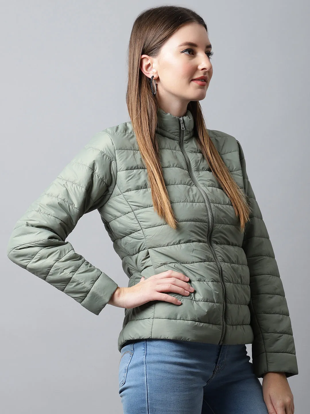 Women's Casual  Light Green Quilted  Jacket