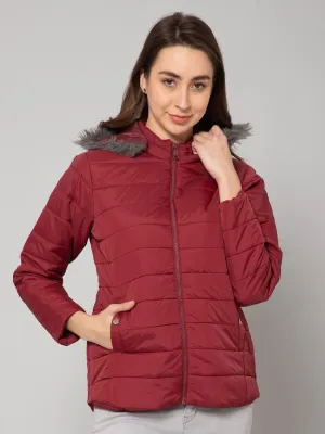 Women's Casual  Maroon Quilted Detachable Hood with Faux Fur trim Jacket