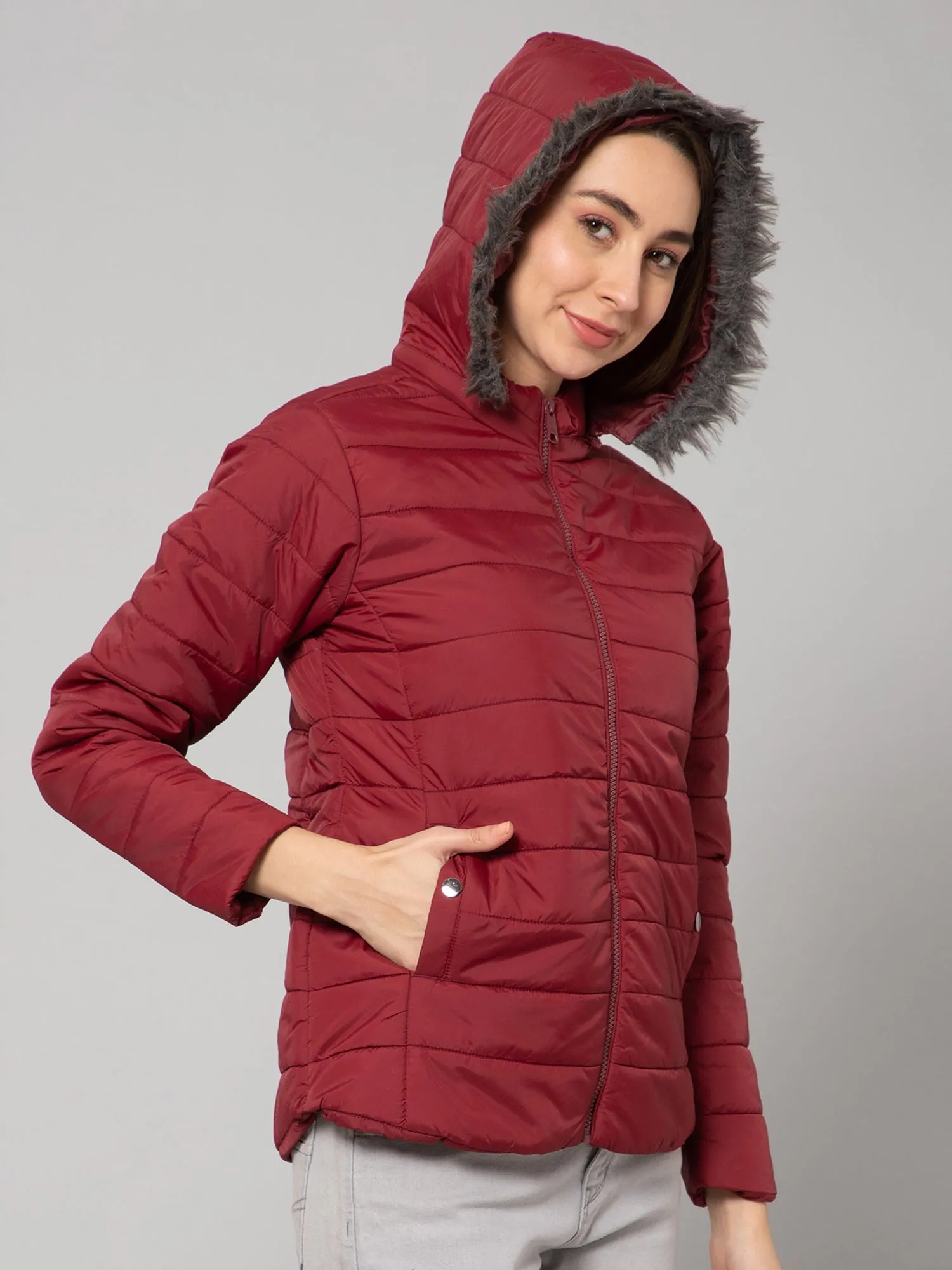 Women's Casual  Maroon Quilted Detachable Hood with Faux Fur trim Jacket