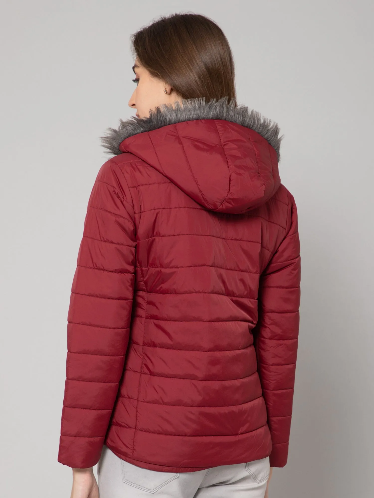 Women's Casual  Maroon Quilted Detachable Hood with Faux Fur trim Jacket