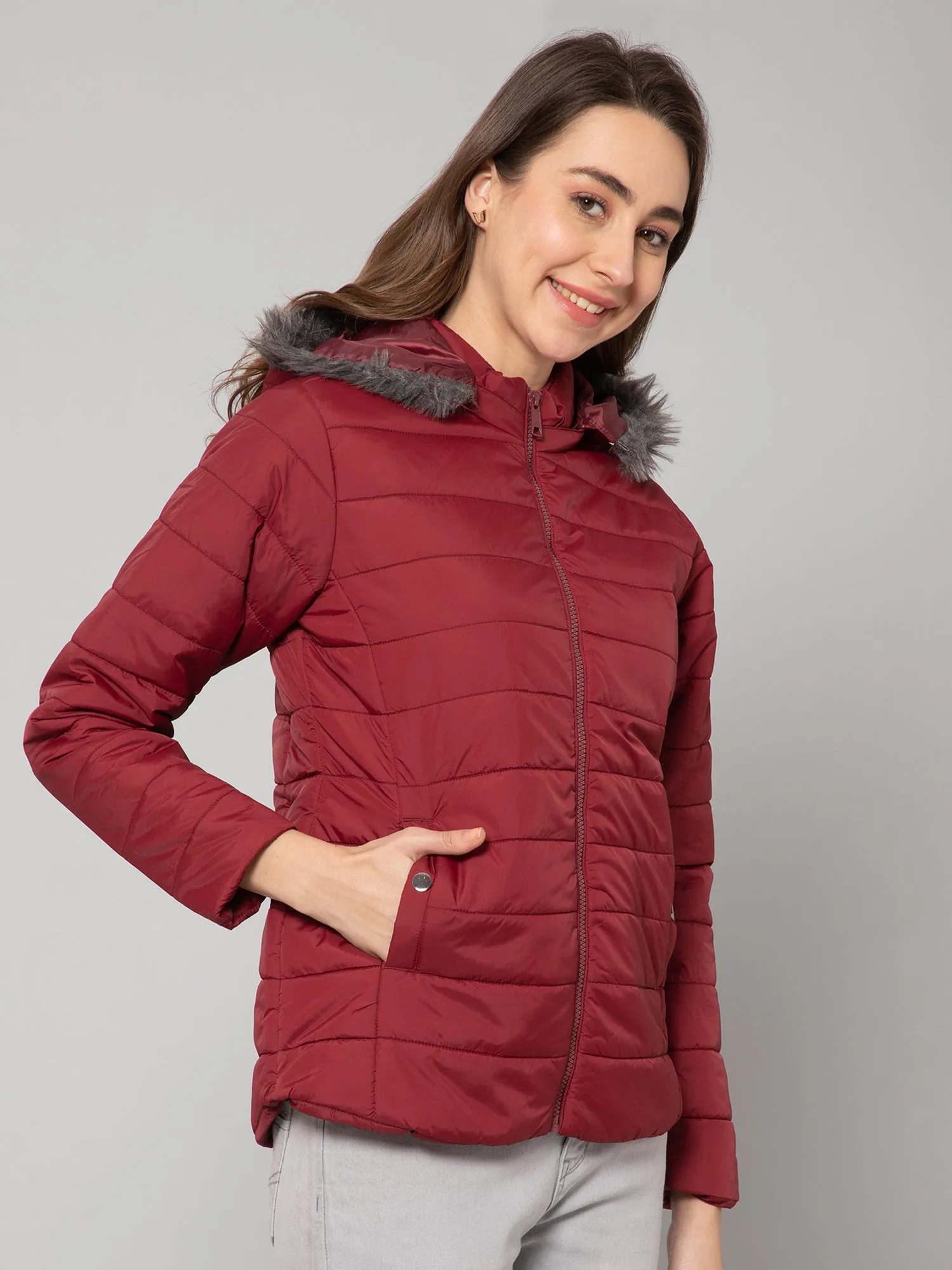 Women's Casual  Maroon Quilted Detachable Hood with Faux Fur trim Jacket