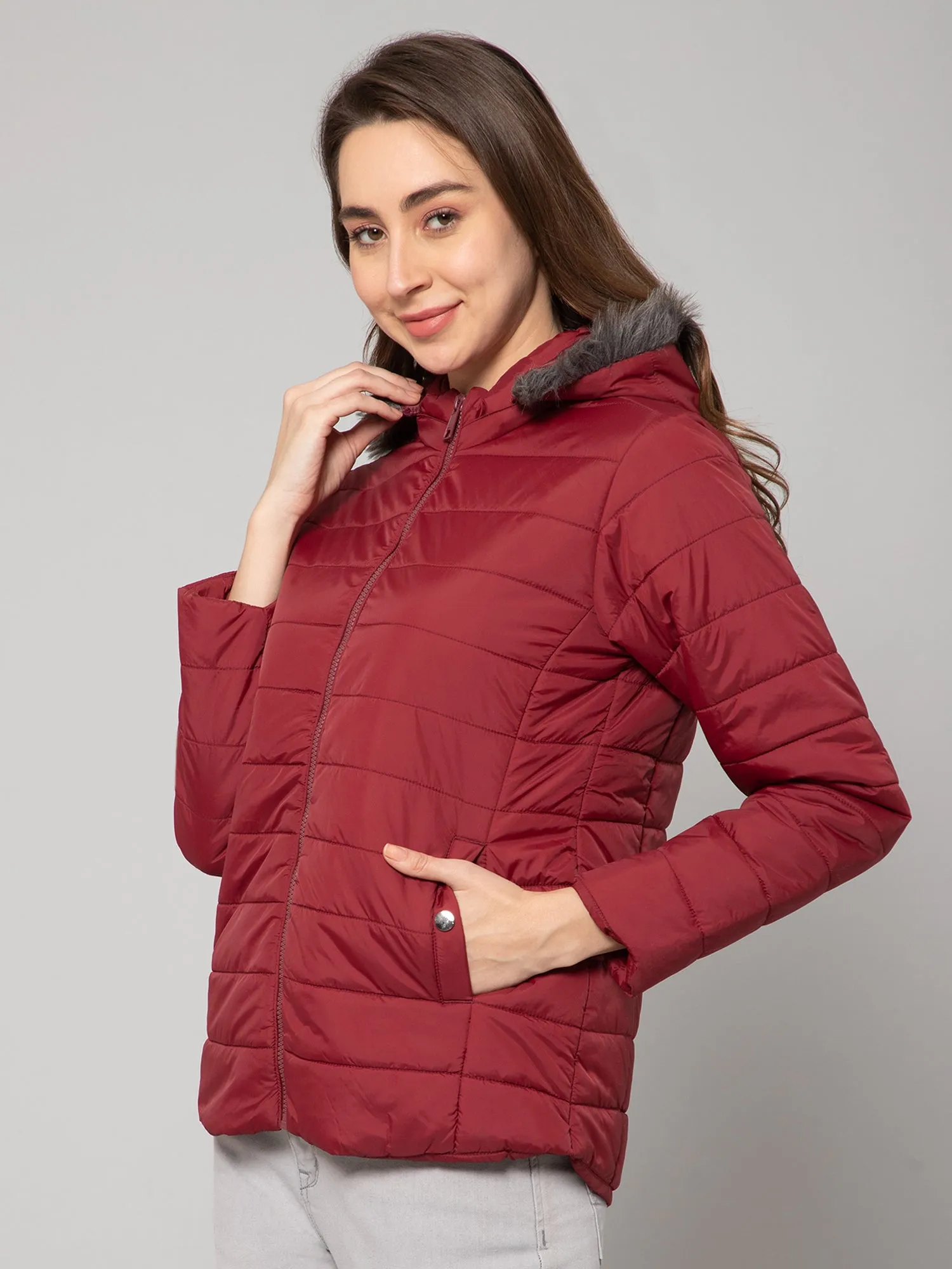 Women's Casual  Maroon Quilted Detachable Hood with Faux Fur trim Jacket