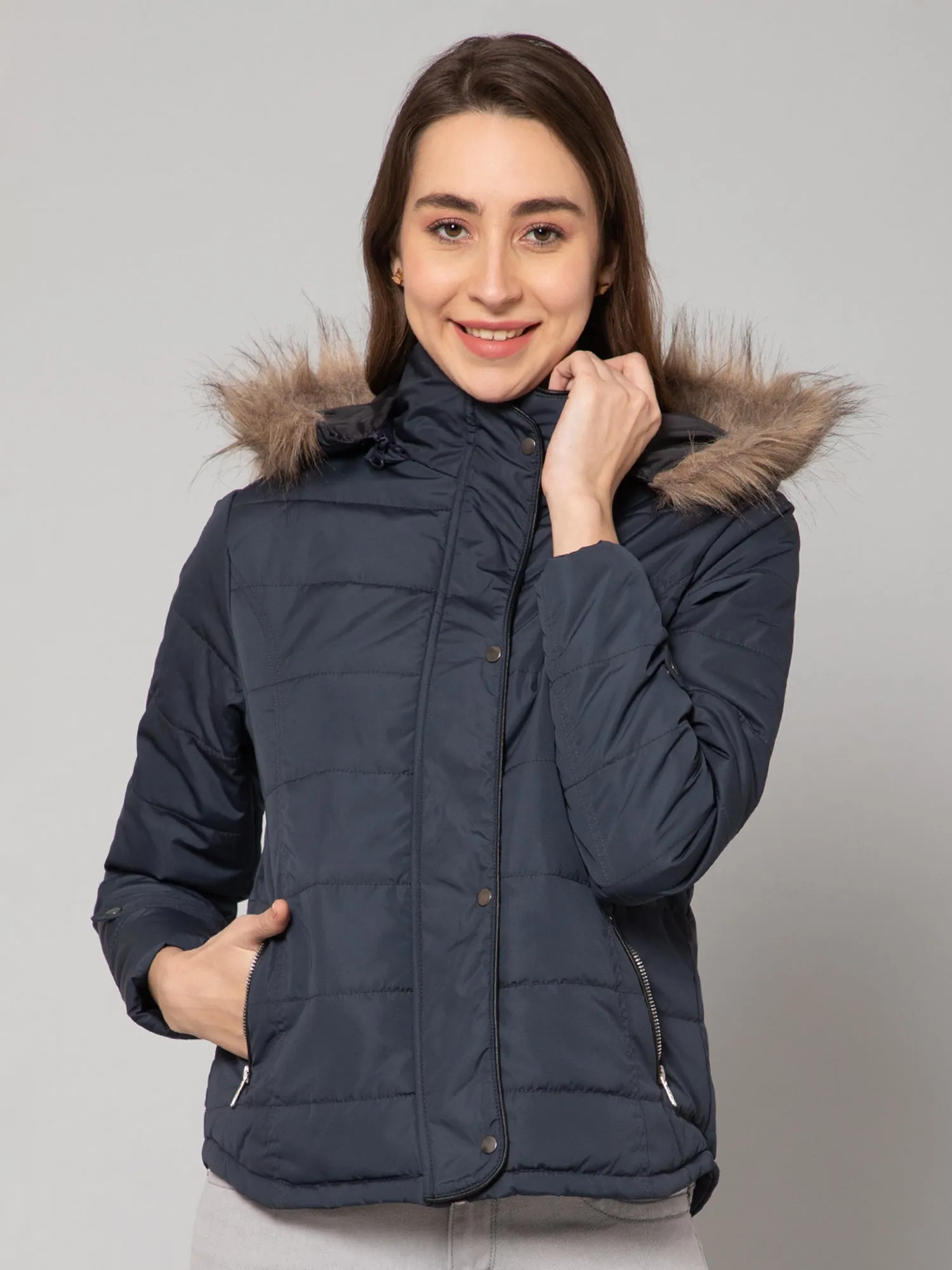 Women's Casual  Navy Blue Quilted Detachable Hood with Faux Fur trim Jacket