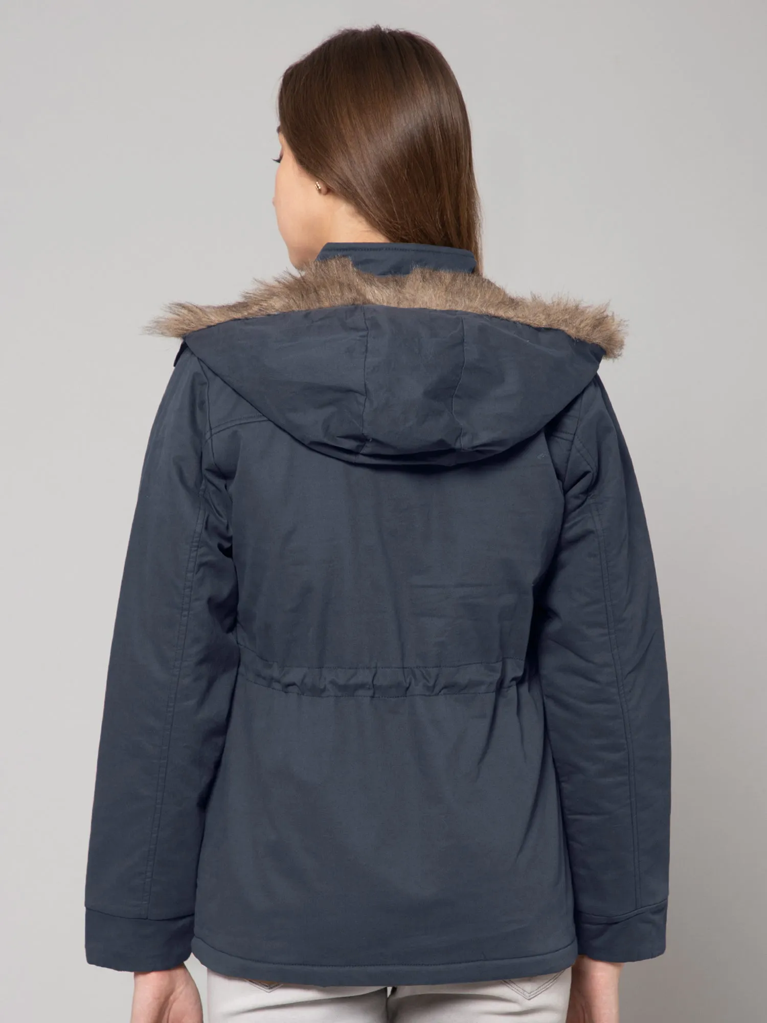 Women's Casual  Navy Blue Quilted Detachable Hood with Faux Fur trim Jacket