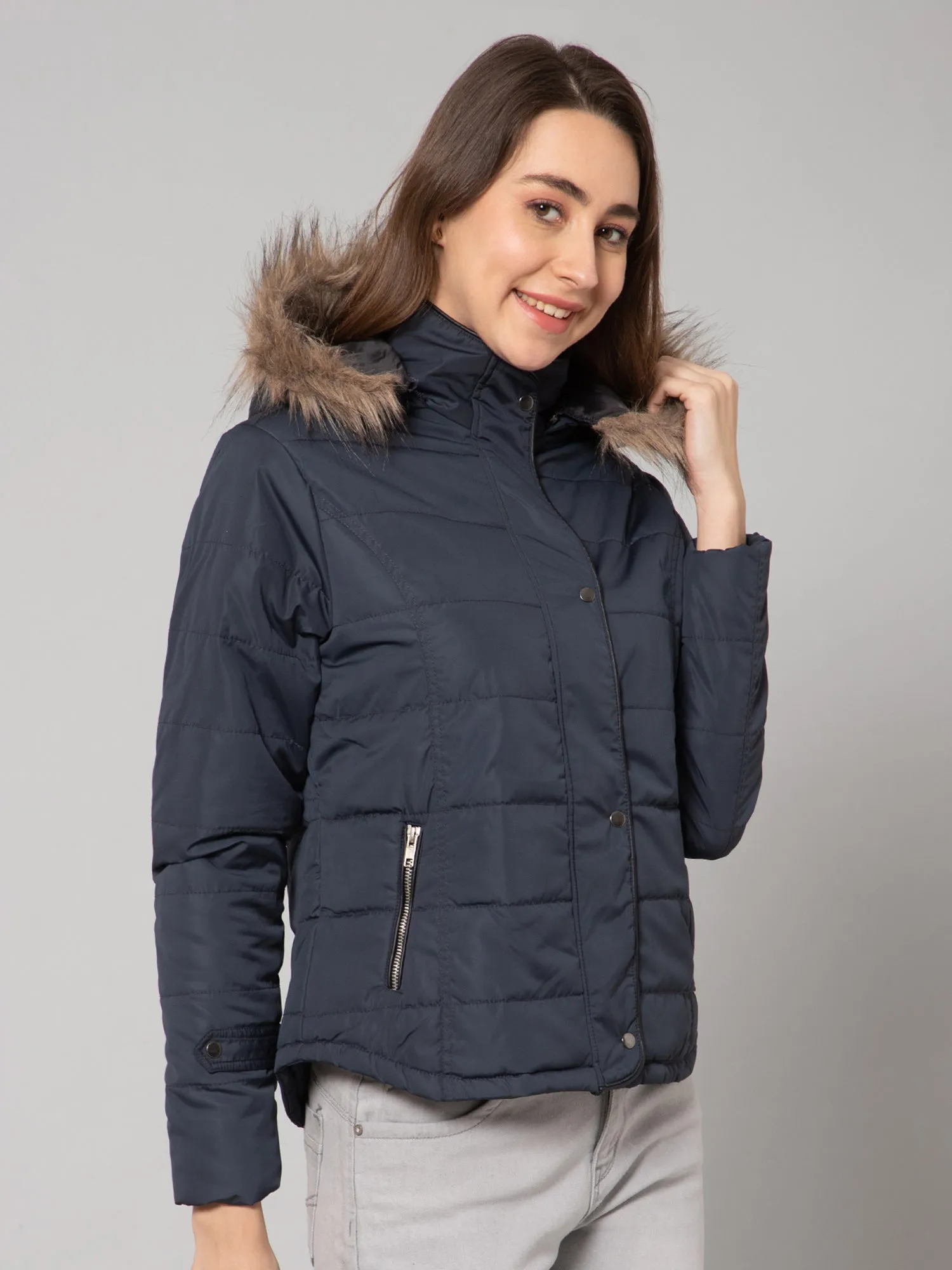 Women's Casual  Navy Blue Quilted Detachable Hood with Faux Fur trim Jacket