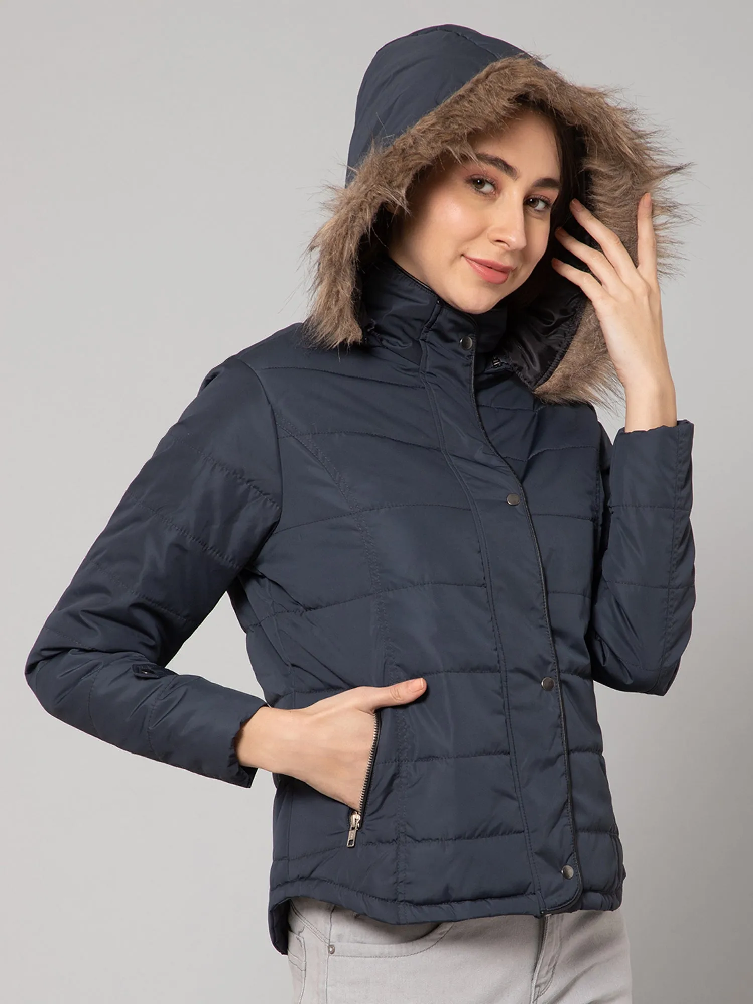 Women's Casual  Navy Blue Quilted Detachable Hood with Faux Fur trim Jacket