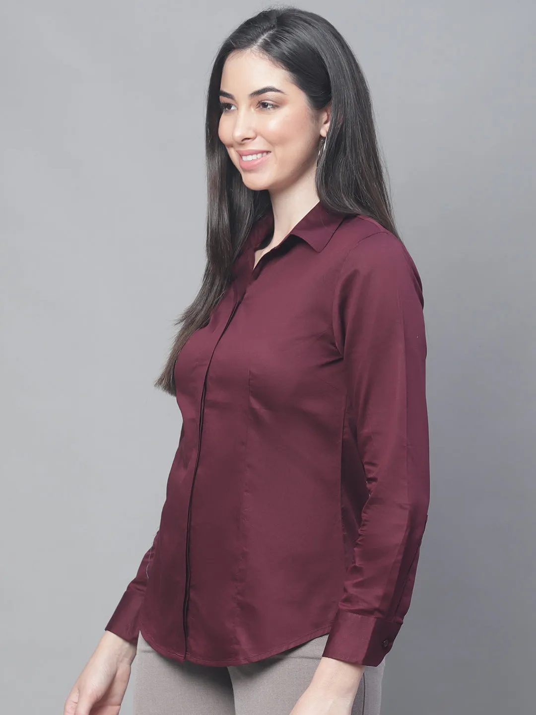 Women's Formal Slim Fit Wine Regular Full Sleeve  Shirt