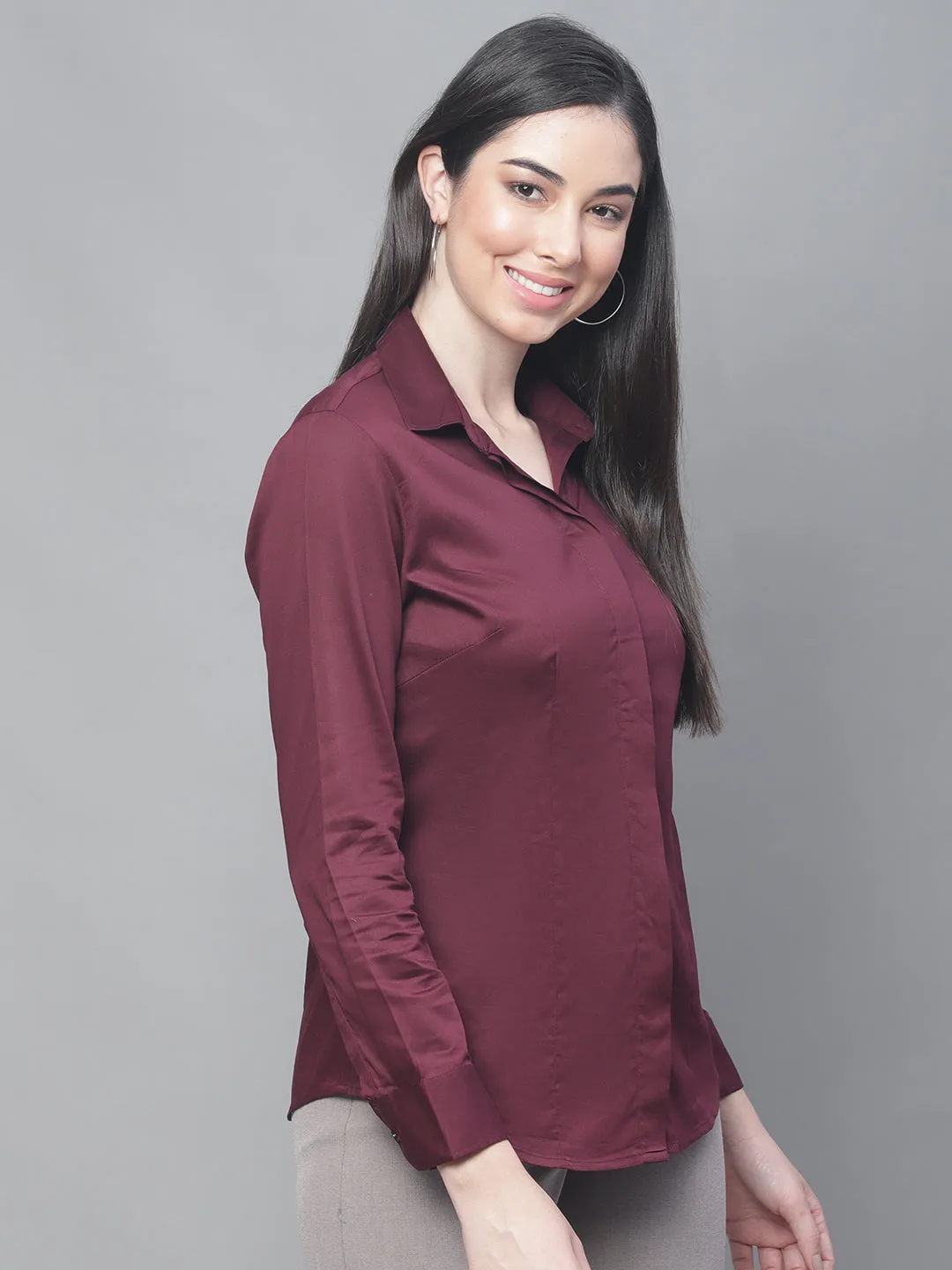 Women's Formal Slim Fit Wine Regular Full Sleeve  Shirt