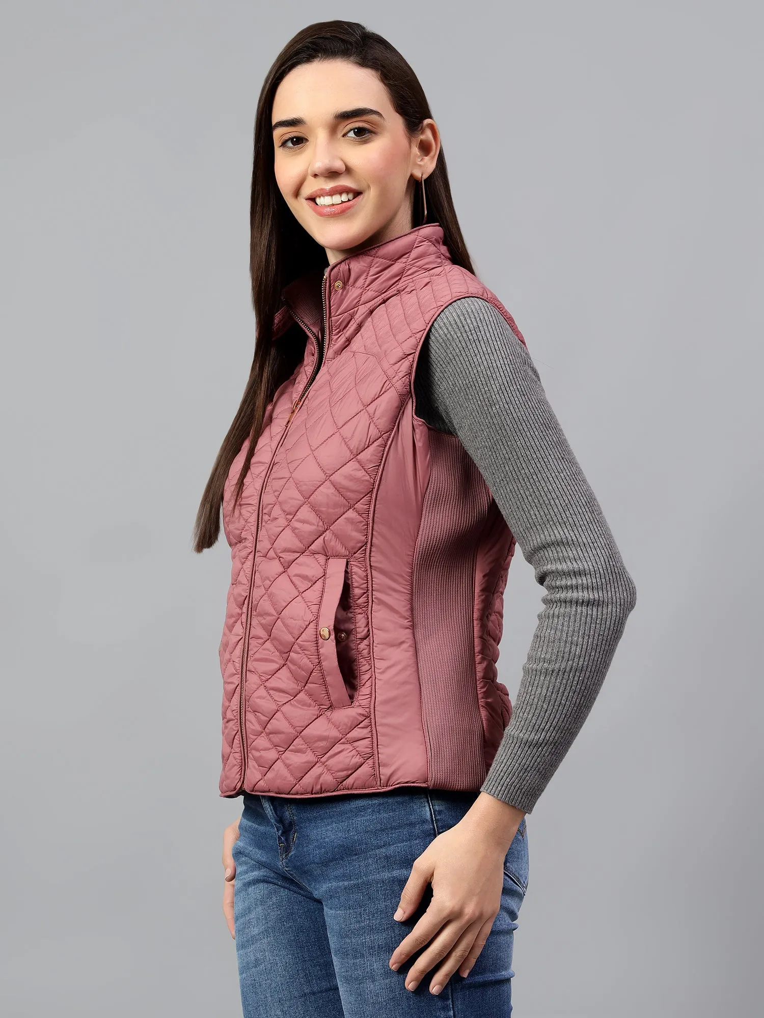 Women's Pink Solid Sleeveless Winter Jacket