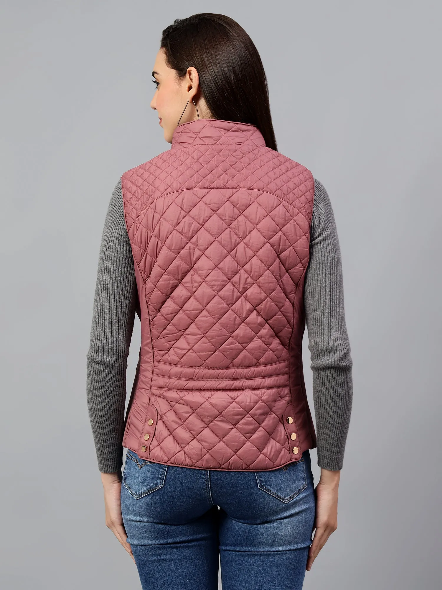 Women's Pink Solid Sleeveless Winter Jacket