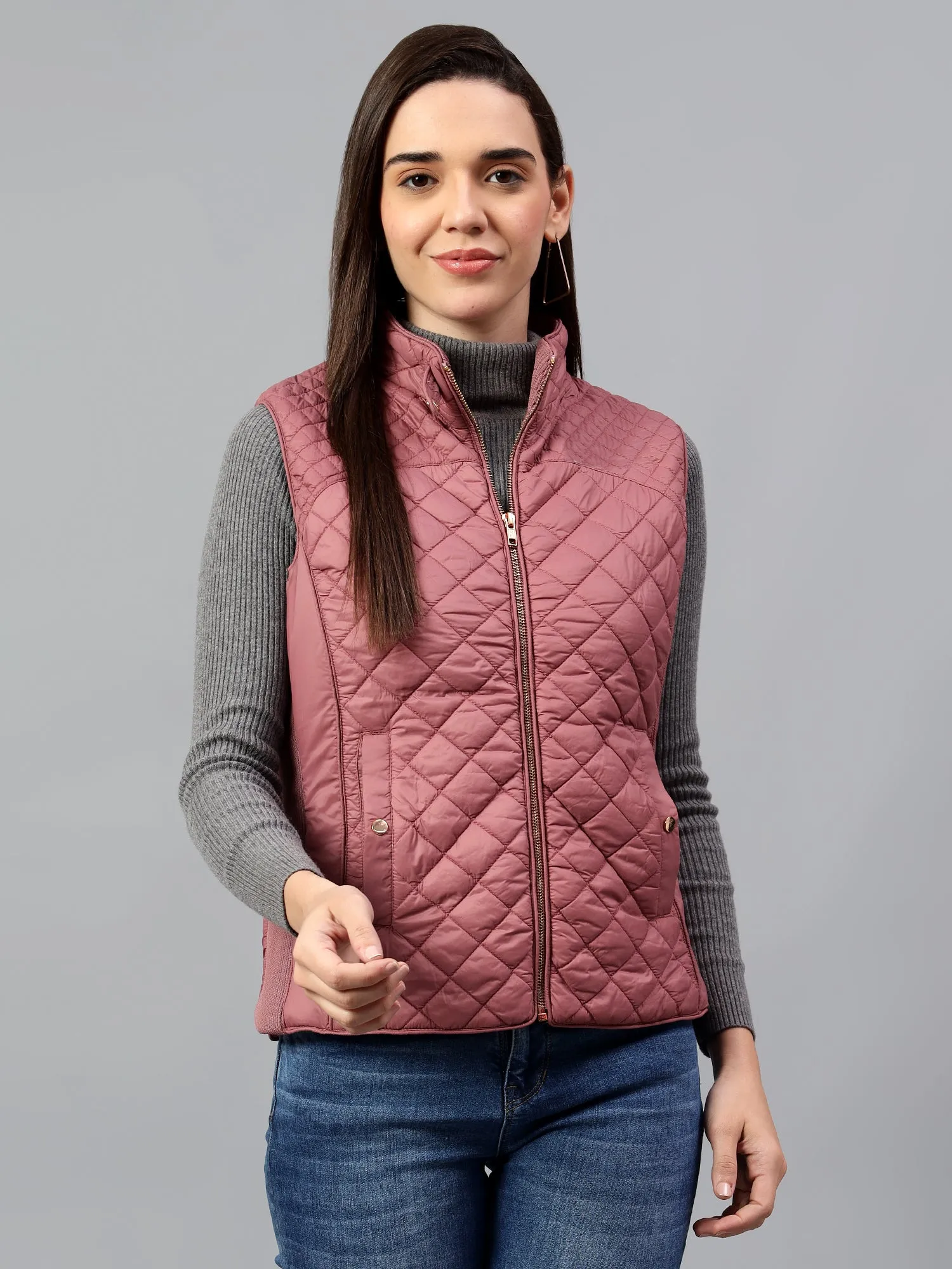 Women's Pink Solid Sleeveless Winter Jacket