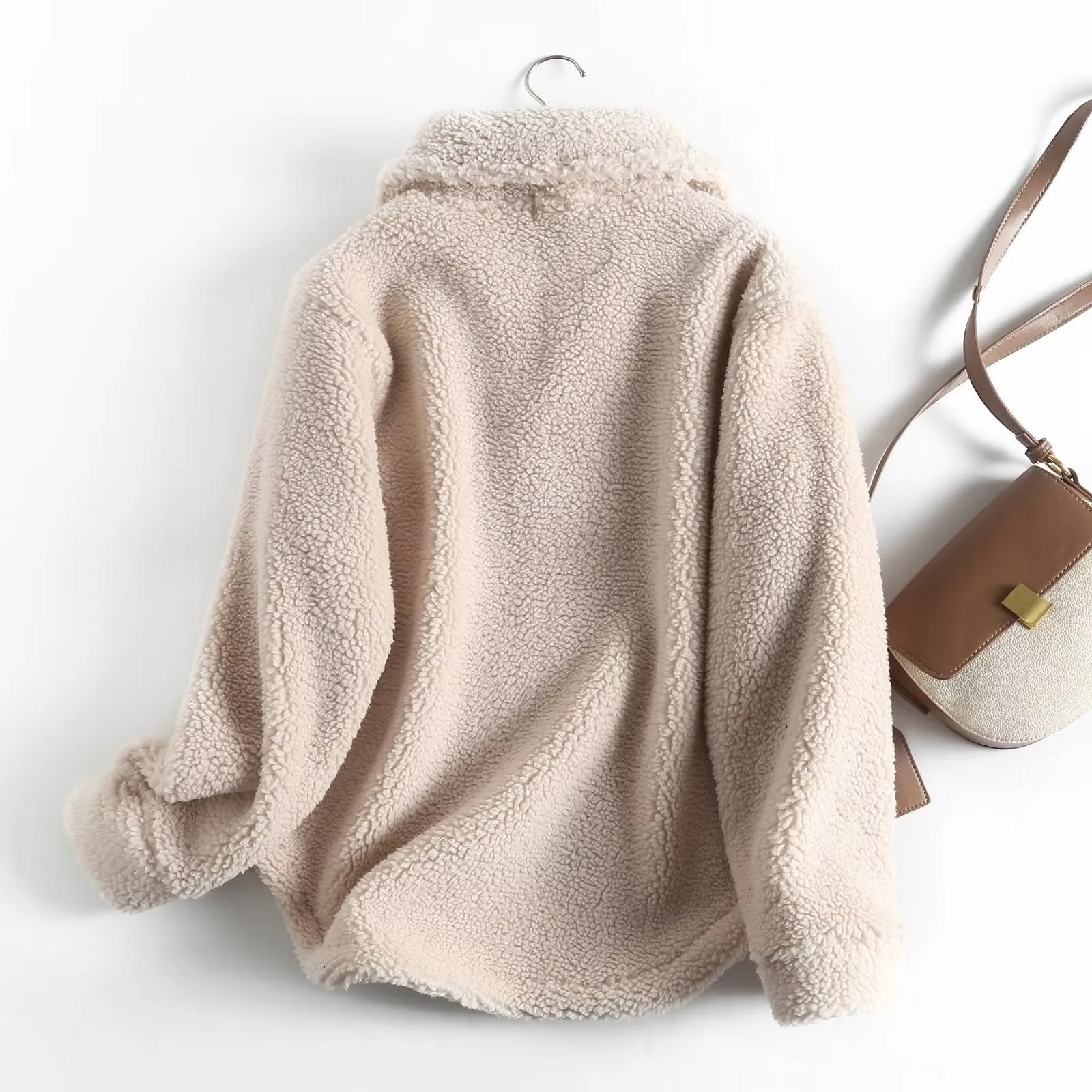 Women's Simple Casual Sweatshirt Zipper Collar Lamb Wool Loose Pullover Coat