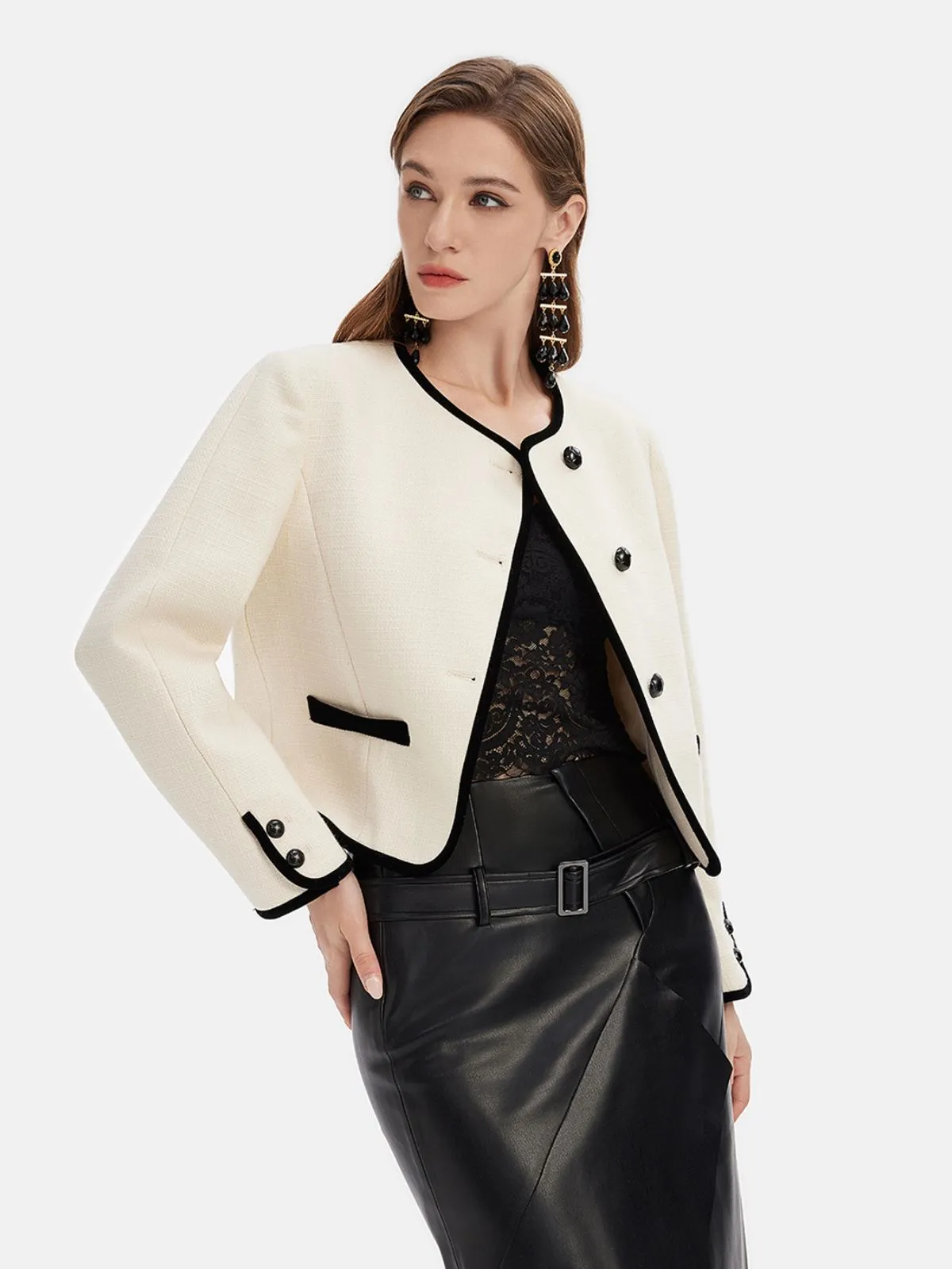 Wool Contrast-Trim Short Blazer