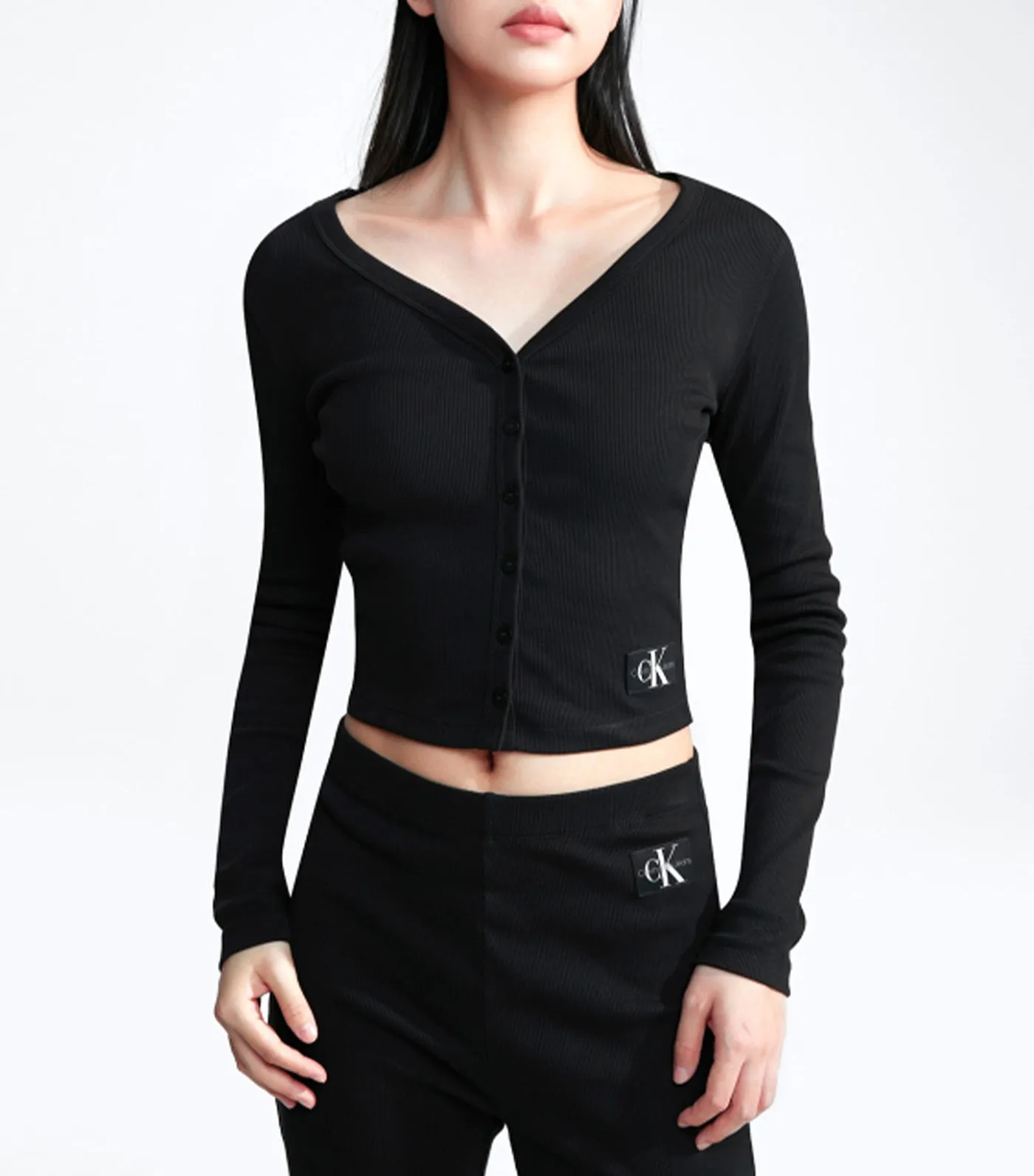 Woven Button V-neck Cardigan Black